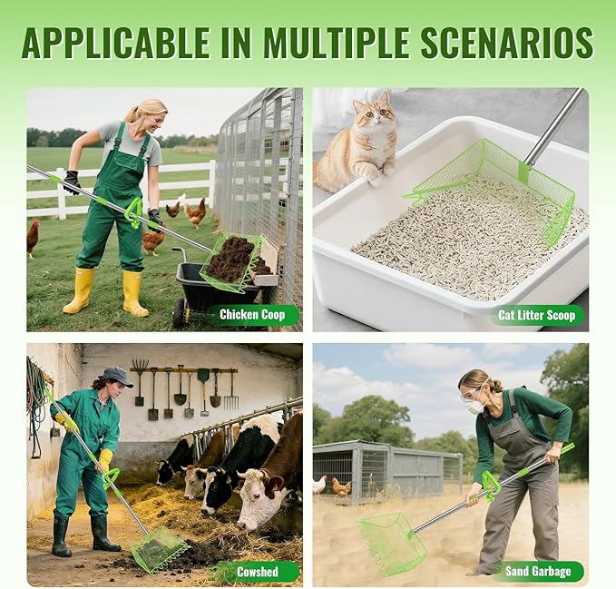 2-in-1 Chicken Coop Scooper: Extra Large 12” Poop Scooper & Rake with Adjustable Handle (37”-65”) | Heavy-Duty Metal Shovel for Quick Pet Waste, Rabbit, Guinea, Barn Cleaning | US Patent Pending,Green