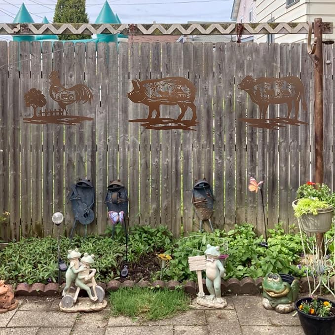 J-Fly Farm Wall Decor Farmhouse Metal Wall Art Pig Cow Rooster, 9 Inch set of 3, House Decorations for Living Room Bedroom Valentine, Rustic Farm Animal Windmill Décor for Indoor Outdoor Lodge