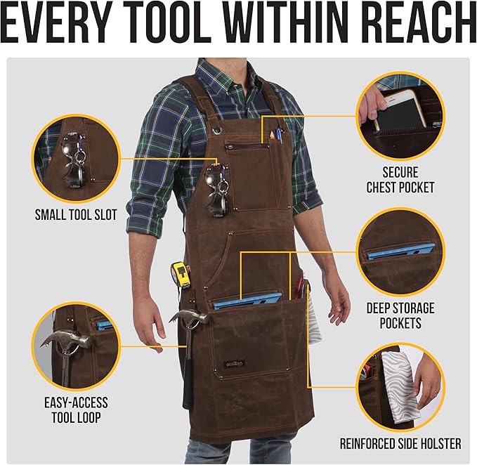 ecoZen 16oz Waxed Canvas Work Apron with Tape Holder - 27 x 34 inches Shop Apron with Elastic Back Strap and Front Pockets, Fully Adjustable, Tough Protection for Men - Brown