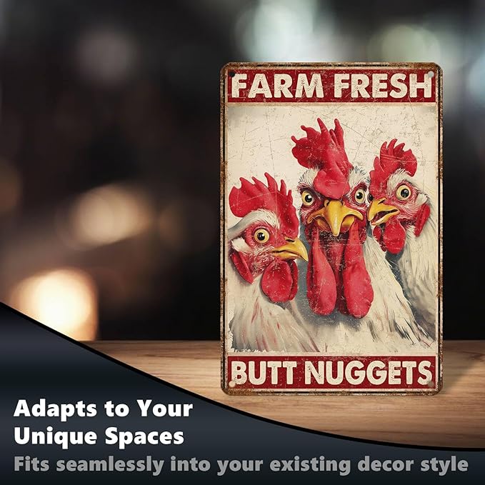 Funny Chicken Metal Signs Coop Decor Farm Fresh Butt Nuggets Tin Signs Vintage Farmhouse Poster Rustic Wall Decor For Home Outdoor Farm Poultry House Yard Cafe Kitchen Garden 12 * 8 In