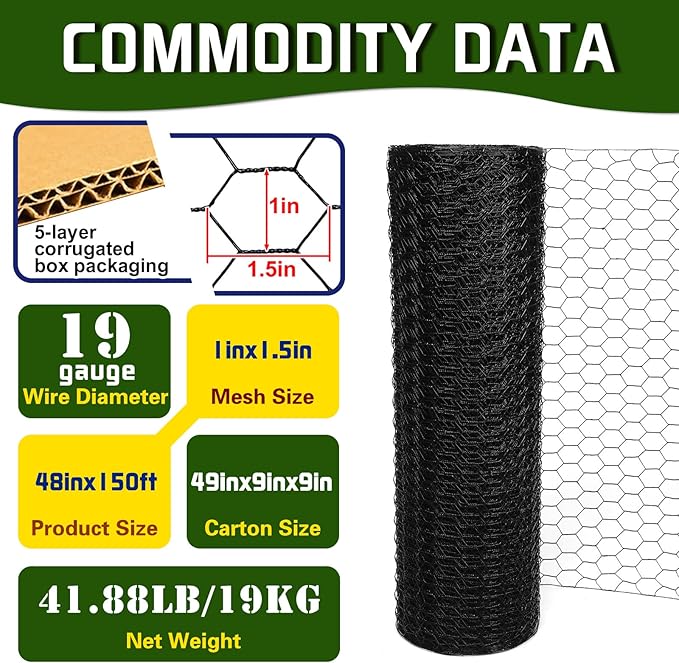 Premium Black Chicken Wire Fencing48inx150ft, PVC Coated Chicken Wire, Poultry Netting, Galvanized Chicken Wire Barrier for Floral Arrangements/Craft Projects/Pet/Rabbit