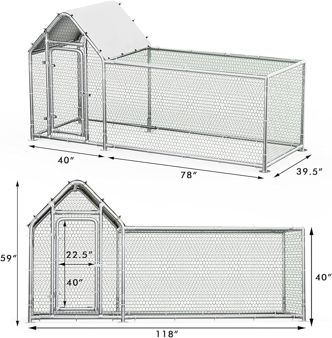 BOSSIN Bold Chicken Coop Run Large Metal Chicken Pen Outdoor, Poultry Cage Spire Shape, Heavy Duty Walkin for Yard with Waterproof and Anti-UV Cover,for Duck Rabbits Habitat