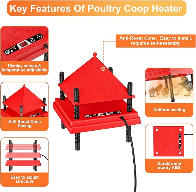 Brooder Plate for Chicks with Anti-Roost Cone, Chick Brooder Heater Red 10" x 10" with Digital Display Temperature Control