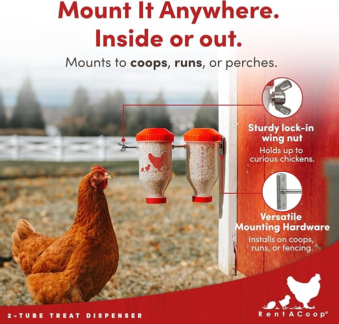 RentACoop Chicken Treat Dispenser – Multi-Treat Enrichment Toy and Boredom Buster for Chickens, Easy Top-Fill, Wall-Mounted Chicken Coop Accessory - Indoor/Outdoor