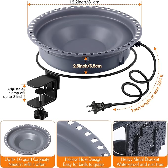 Saillong Heated Bird Baths for Outdoors for Winter with Thermostat Control, Powerful 75W Bird Bath Heater for Outside, Birdbath Birds Feeder for Winter Garden Patio Yard Lawn (Deck Mounted Style)