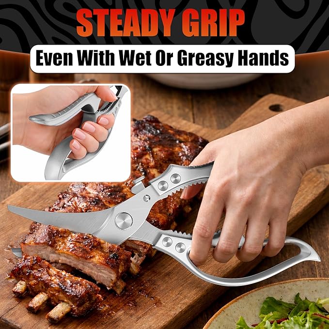 Stainless Steel Poultry Shears – Heavy Duty Kitchen Shears for Food with Hardened Blades, One-Hand Safety Lock, Spring Mechanism, Dishwasher Safe – Chicken, Meat Cutting, Turkey, Fish, and Vegetables