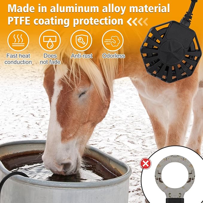 Biubee 500W Livestock Water Heater - Thermostatic Control Farm De-icer for 50 Gallon Horse Water Trough Tank, Aluminum PTFE Submersible Winter Outdoor Chicken Water Heater for Bird Bath