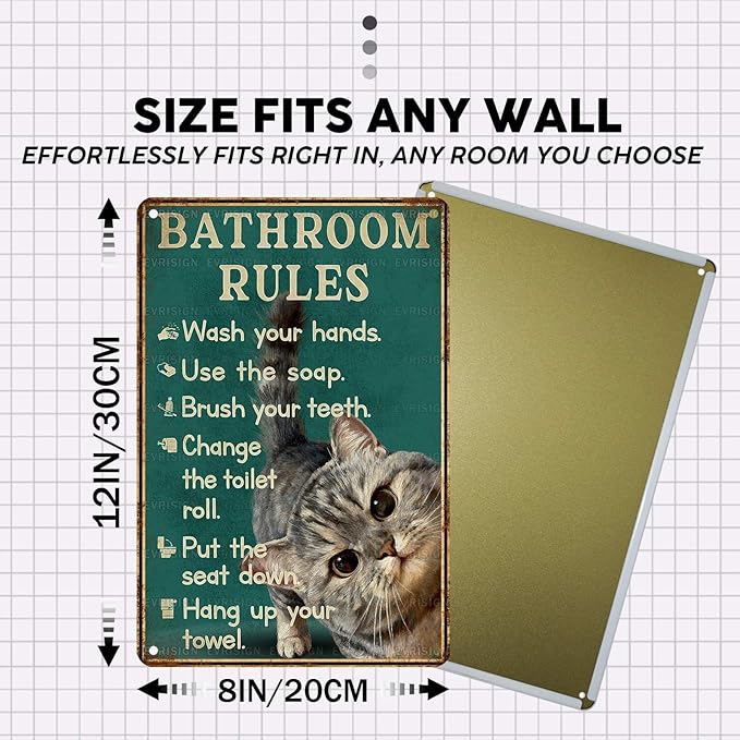 Vintage Cat Tin Sign Bathroom Rules Retro Tabby Metal Sign Funny Cat Lovers Nostalgic Wall Decor Decorations for Home Cafe Shop Toilet Bar Living Room Bedroom 12 * 8In