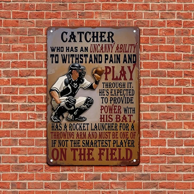 Baseball Catcher Metal Tin Sign Baseball Catcher Funny Sign Home Kitchen Wall Decor 8x12 Inch Funny Plaque