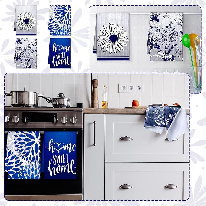 Geyoga 4 Pcs Chicken Kitchen Towels Rooster Dish Hand Towels Farm Animal Cow Vintage Rustic Tea Cloth for Spring Easter Bathroom Farmhouse Decor Gifts, 16 x 24 Inch(Blue, Gray,Floral)