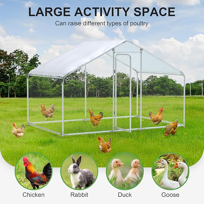 Large Metal Chicken Run, Chicken Coop with Lockable Door Spire Shape Walk-in Chicken Hen House with Waterproof & Anti-UV Cover for Duck Rabbit Habitat Cage Outdoor Poultry Cage for Yard Farm