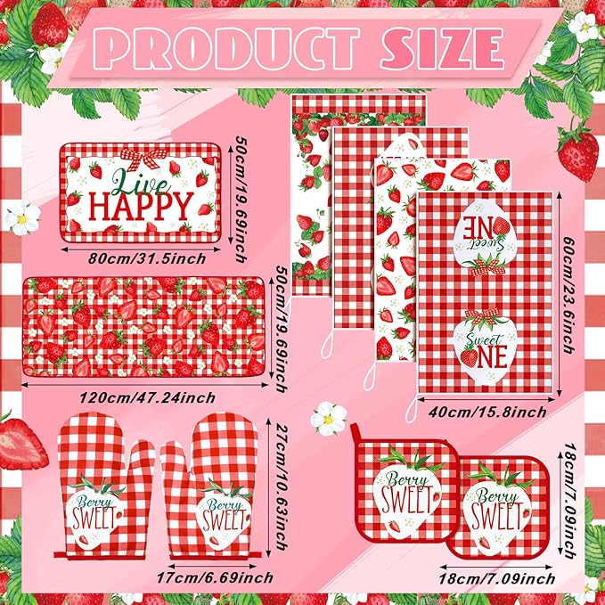 10 Pcs Strawberry Kitchen Dish Towels Rugs Oven Mitts and Pot Holders Set Farmhouse Kitchen Decor Set for Women Mom Daughter Gift Cooking Baking Grilling (Red and White)