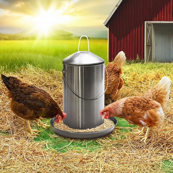 Plexon 8.8 Lb Poultry Feeder Stainless Steel Hanging Chicken Feeder no Waste Food-Grade with 10 Gallon Galvanized Storage Bucket with Locking Lid for Bird Seed Chicken Feed, Bundle