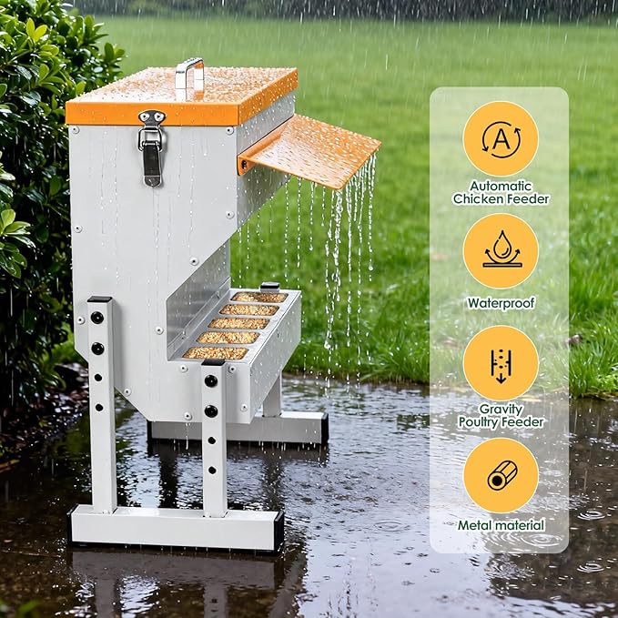 Automatic Chicken Feeder 20LB no Waste Metal Duck Feeder with 5 Chicken Feeders Trough Port Wall Mount Large Hanging Poultry Feeder Dispenser with Lid Legs for Outside Chickens Coop Quail Galvanized