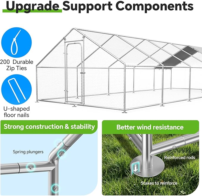 Large Metal Chicken Coop with Roosting Perch, Waterproof and UV Protection Cover, Chicken Run Outdoor Walk-in Cage Chicken Rabbit Duck Hen House, Spire Roof (10'W x 32.8'L x 6.4'H)