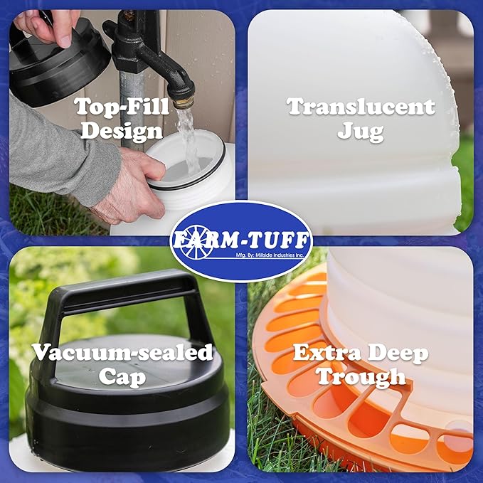 FARM-TUFF Top-Fill Duck Waterer, 5 Gallon – Durable BPA-Free Plastic Poultry Waterer with Wide Base & Splash-Reducing Design