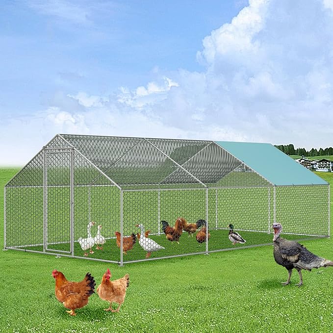 Vipbear Large Metal Chicken Coop Run with Immersed Wire Mesh, Chicken Coop for 8 Chickens Heavy Duty Chicken Run in for Yard with Waterproof Cover and Secure Lock,236'' L x 118''W x 77''H