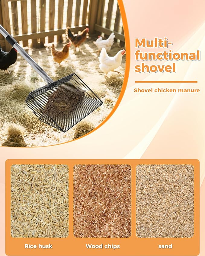 15-inch Large Chicken Poop Scooper, Heavy Duty Adjustable Chicken Coop Scoop for Sand with Ergonomic Grip,Metal Chicken Coop Scoop with 24 to 68"
