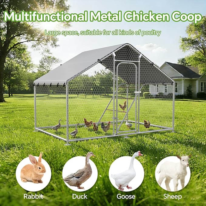 Large Metal Chicken Coop with Roosting Perch, UV-Resistant and Waterproof Cover, Chicken Run Outdoor Walk-in Cage, Duck Goose House for Yard Farm Use Spire Roof (10’W x 4.9’L x 6.4’H)