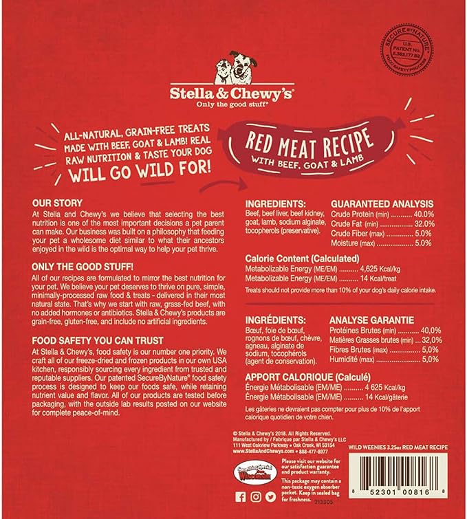 Stella & Chewy's Freeze-Dried Raw Wild Weenies Dog Treats - High-Protein Training Treats for Dogs & Puppies - All-Natural Red Meat Recipe with 97% Meat & Organs - USA Made - 3.25 oz Bag