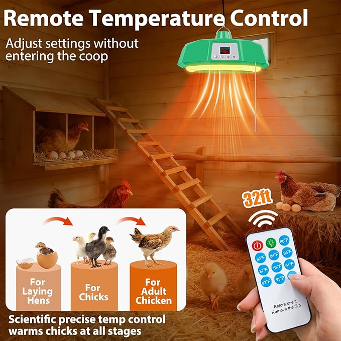 Chicken Coop Heater with Thermostat & Light, 400 Watts Adjustable Fire Proof Chicken Coop Heater For Winter, Heat Lamp Warmer Fan include Remote Control, For Poultry Dog Cat Rabbit
