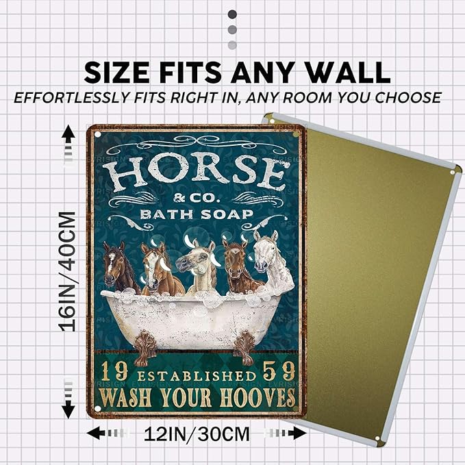 Vintage Horse Tin Sign Bathroom and Bathtub Retro Bath Soap Wash Your Hooves Metal Sign Funny Nostalgic Wall Decor Decorations for Home Farmhouse Farm Room Cafe Shop Toilet Bar 16 * 12In