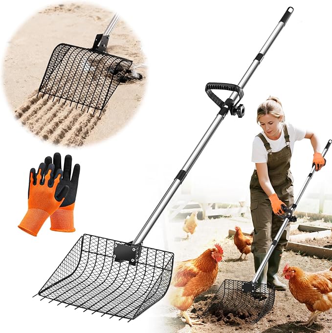12inch Large Metal Chicken Poop Scooper for Sand with Ergonomic Grip, Adjustable Angle 2 in 1 Chicken Coop Scoop & Rake (39-66"), Stainless Steel Litter Sifting Shovel Chicken Coop Cleaning Tool, Farm