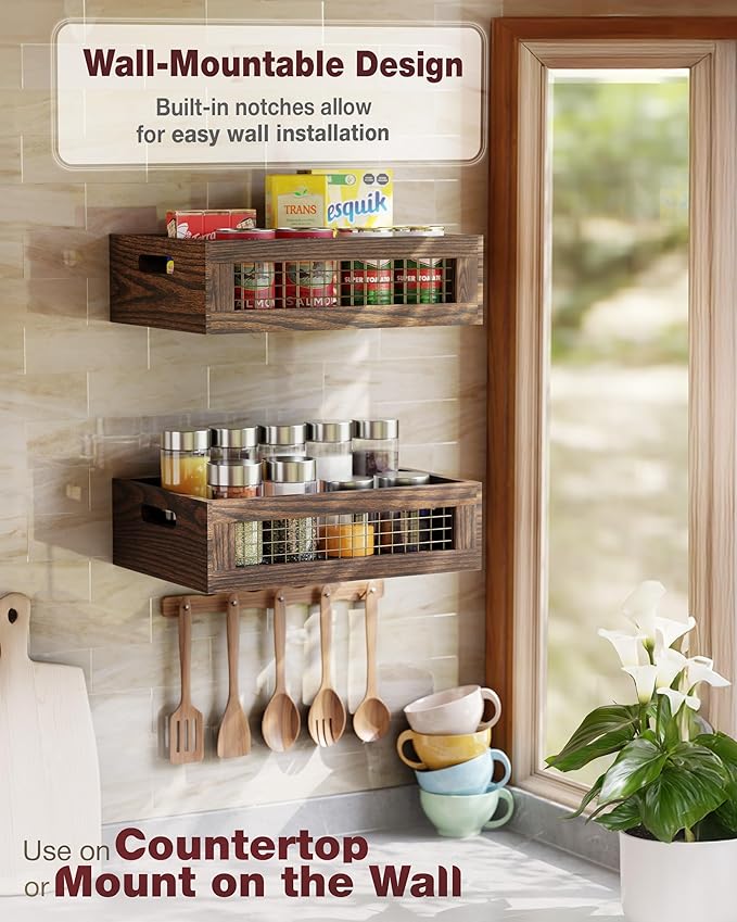 Wooden Countertop Baskets Set of 2 for Kitchen, Pantry|Wall Mount Upgrade with Full Accessories| Rustic Nesting Boxes|Wooden Organizer Crates for Vegetables, Produce, Bread