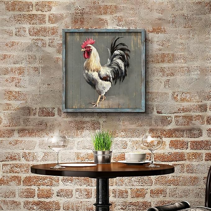 Rooster Wooden Wall Art Decor: Farm Cock Picture Country Animal Framed Artwork Rustic Farmhouse Chicken Painting for the Kitchen Living Room 16"x16"