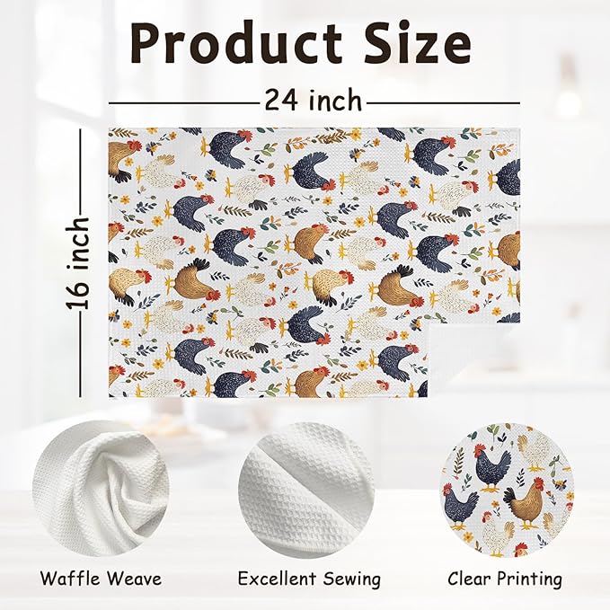 Farmhouse Chicken Rooster Decor Kitchen Towels and Dish Towel, Chicken Gifts for Women Kids, Rooster Kitchen Towels, Rustic Chickens Decorative Dish Tea Hand Towel for Home Bathroom,16x24 in