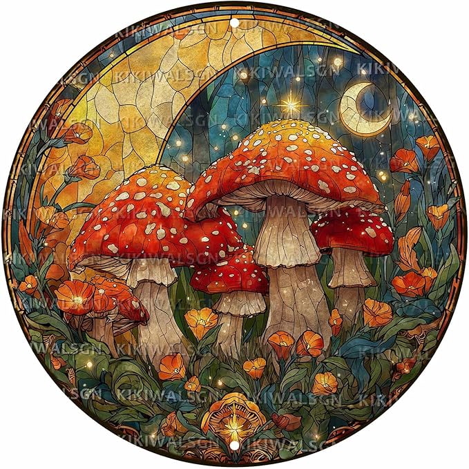 Vintage Mushroom Round Metal Sign Retro Tin Sign Nostalgic Rustic Wall Decor Decorations for Home Bedroom Living Room Cafe Bar Kitchen Yard Fence Door Outside Farmhouse 12 * 12 In
