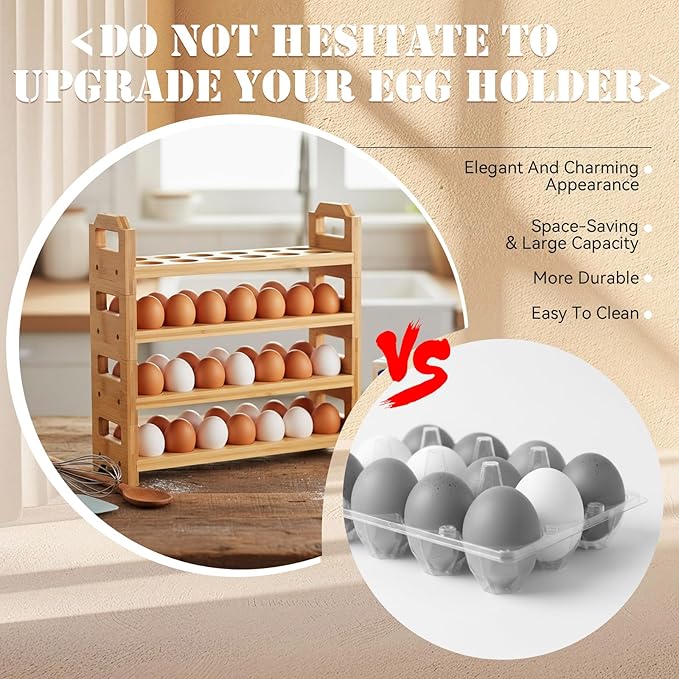 LemonRoad 4 Tier Wooden Egg Holder for Countertop, Bamboo Stackable Fresh Egg Storage Farmhouse Collecting Rack for Gathering Kitchen Organizer Duck Eggs Display, Stackable with 48 Eggs