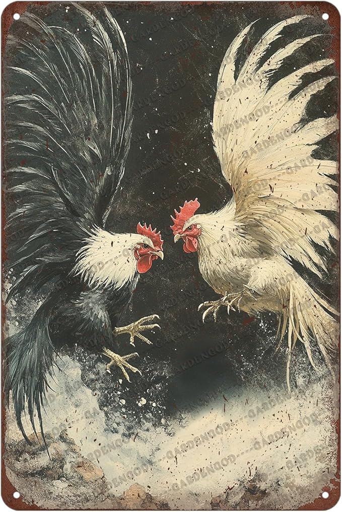 Vintage Metal Sign Farm Rooster Fighting Cock Cockfighting Gamecock Retro Game Fowl Metal Poster Home Garden Garage Farmhouse Aluminium Sign Art Wall Decor Plaque 12x8 Inch