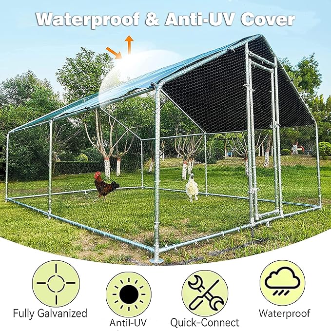 HITTITE Large Metal Chicken Coop with Run, 12.8 x 9.84 x 6.56 ft Walk in Poultry Cage Chicken Run Pen, Outdoor Chicken Runs for Yard with Waterproof & Anti-UV Cover