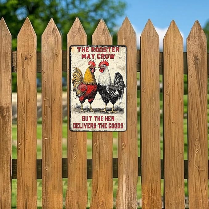 Funny Chicken Signs The Rooster May Crow But The Hen Delivers The Goods Aluminium Sign Metal Chicken Signs Decor Home Ktichen Farm Are Wall 12x8 Inch Vintage Chicken Signs Metal Tin Poster