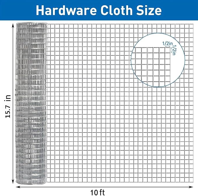 Hardware Cloth,Chicken Wire Fence,1/2 inch 15.7in x 10ft Galvanized Welded Cage Wire for Bird Wire Gopher Wire Rabbit Wire Snake Fence Poultry Netting Cage Screen