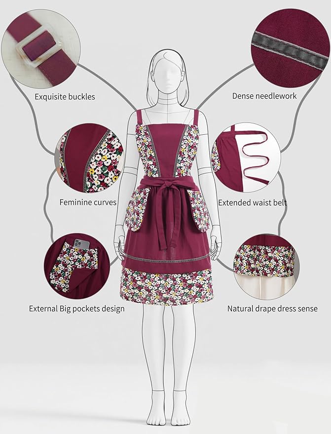 Kitchen Aprons for Women with Pockets Cute Vintage Chef Pinafore Apron for Gardening Cooking Baking Painting