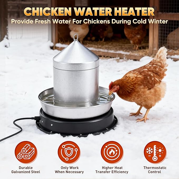 Chicken Water Heater for Winter, 110 Watt Chicken Drinker Heated Base 11 in Chicken Waterer Heater with Thermostat