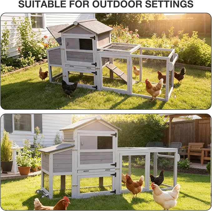 Large Chicken Coop with Wheels, Wooden Hen House with Run & Nesting Box, for 3-5 Chickens, Waterproof Asphalt Roof, Ramp & Leakproof Tray, Expandable - Grey