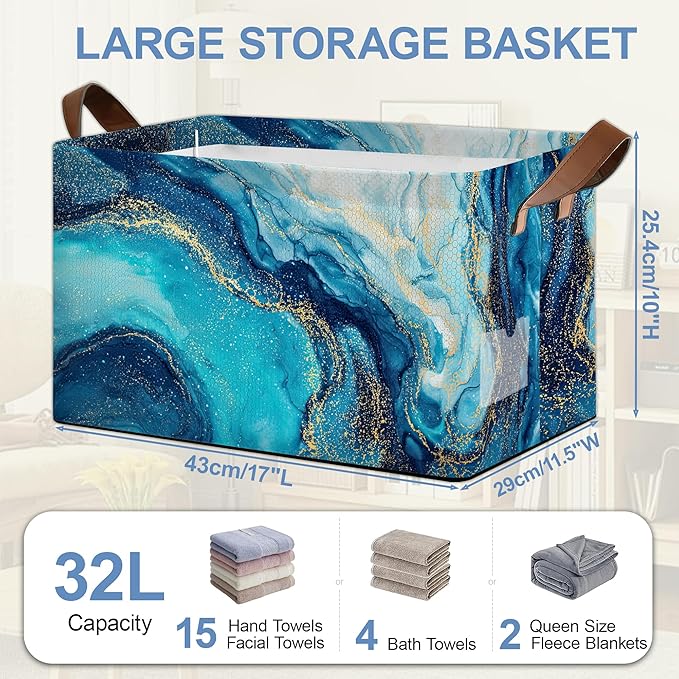 Blue Gold Marble Collapsible Storage Box,Organizer Bin with Handles for Room Decoration,Bins Book Basket Box 17x11.5x10Inch