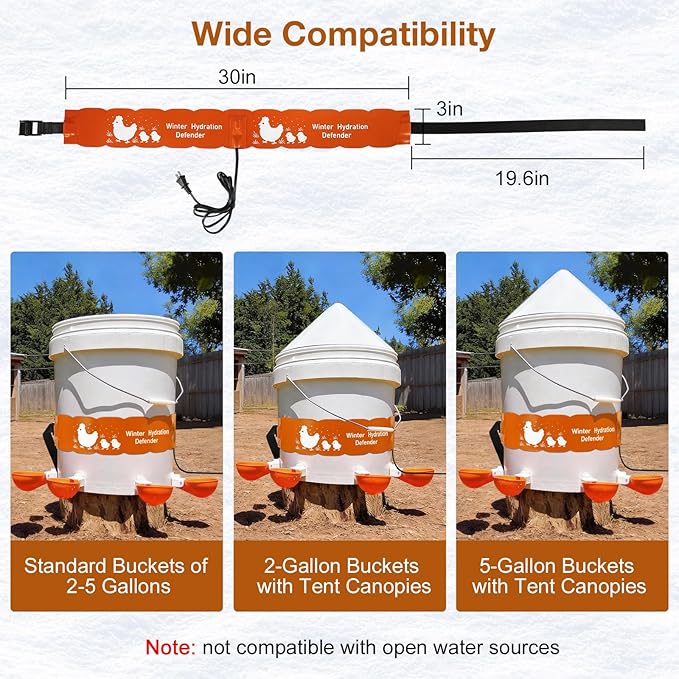 Thermostat Chicken Waterer Heater, Thermo Bucket Belt Heated Strap for 2-5Gal Bucket Chicken Waterers with 6ft Power Cord, 77℉ Automatic Shut-Off, Safe for Outdoor Use, Poultry Water Deicer