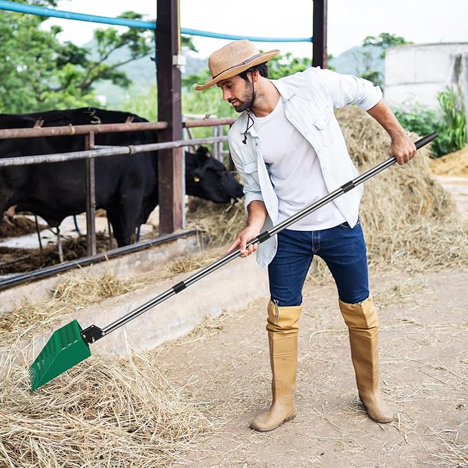 Adjustable Chicken Poop Scooper & Rake - Heavy Duty 3-in-1 Stainless Steel Manure Shovel with Long Handle Multi-Angle Scoop for Stand Up Coop Cleaning Cat Litter & Beach Sand, Green