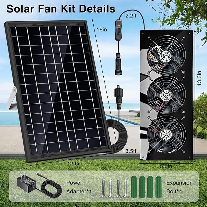 Solar Exhaust Fan,25W Solar Fan for Chicken Coop,Shed,Greenhouse & Attic Ventilation Cooling, Easy Installation,3500RPM,18FT Cord,IP67 Waterproof Solar Powered 3 Fan Kit