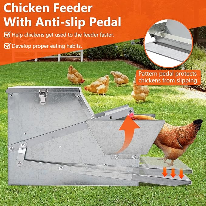 Galvanized Steel Automatic Chicken Feeder with Treadle, 27 LB Large Chicken Feeders No Waste, Rat Proof Chicken Feeder with 10 Chickens for 11 Days