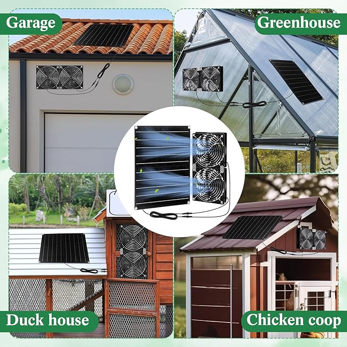 Riakrum 2 Set 2 Pcs 15w 12v Solar Powered Dual Fan Kit, Waterproof Solar Exhaust Intake Cooling Ventilation Fan for Chicken House, Doghouse, Greenhouse, Pet House, DIY Cooling Ventilation