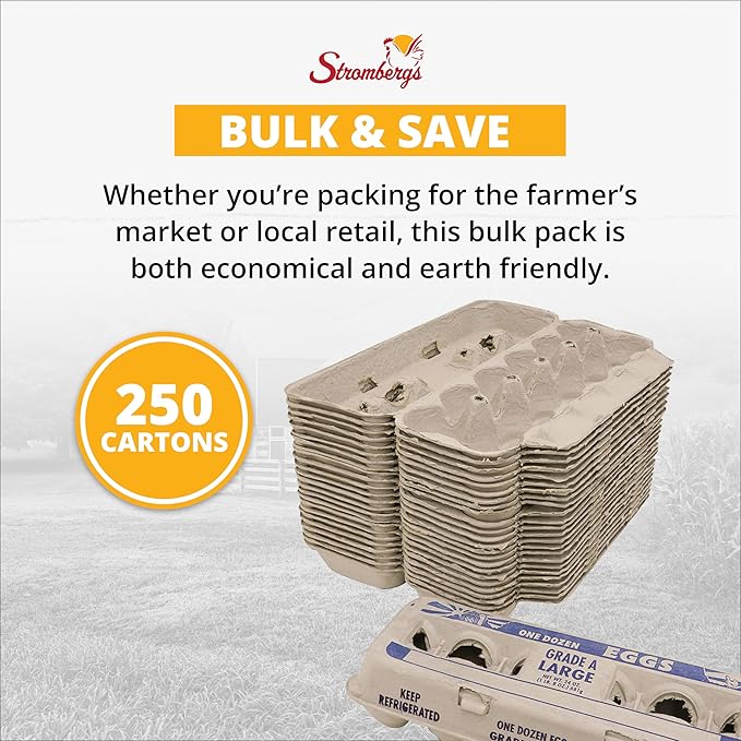 Stromberg's Grade A Large Printed Egg Cartons, Biodegradable and Eco-Friendly, Made From Recycled Materials, With Educational Prints for Safe Handling Instructions and Nutrition Facts, 250 Pack