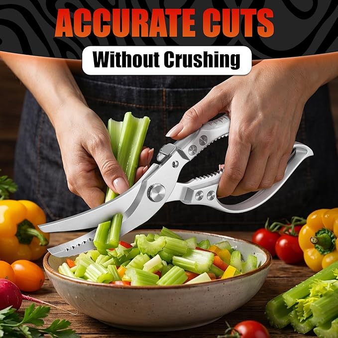Stainless Steel Poultry Shears – Heavy Duty Kitchen Shears for Food with Hardened Blades, One-Hand Safety Lock, Spring Mechanism, Dishwasher Safe – Chicken, Meat Cutting, Turkey, Fish, and Vegetables