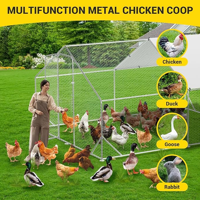 Garvee Large Chicken Coop, Metal Chicken Coop with Anti-Ultraviolet Waterproof Cover, Spire Roof Walk in Poultry Cage for Backyard and Farm Use, 9.8 ft x 13.1 ft x 6.6 ft