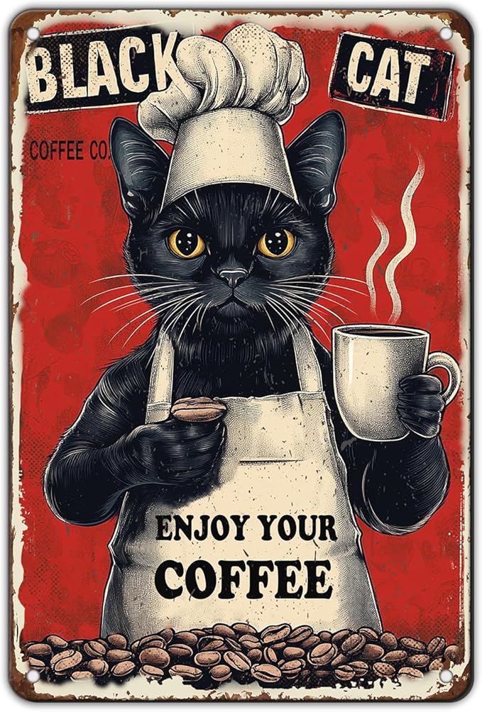 Metal Signs Black Cat Coffee Company Enjoy Your Coffee Sign Funny Vintage Tin Sign Sign Retro Wall Decor For Home Kitchen Office Farmhouse Yard Garden Shop Cafe Poster 12x8 Inch