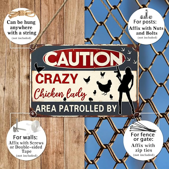 Caution Area Patrolled By Chicken Lady Metal Tin Sign Funny Farm Yard Fence Chicken Coop Caution Sign Outdoor Decor Lovers Gag Gifts 8x12 Inch
